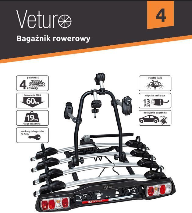 BAGAŻNIK ROWEROWY VETURO 4 na hak holowniczy rowery IV Steinhof 60kg