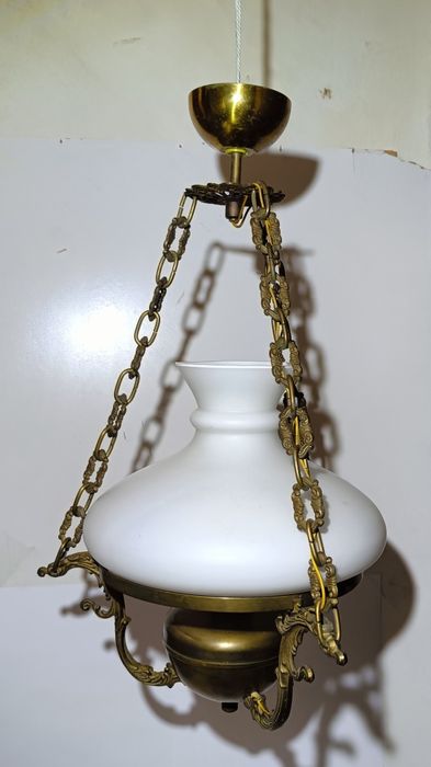 Wyjątkowa Lampa Sufitowa Mosiądz Art Nouveau - Klosz Mleczne Szkło