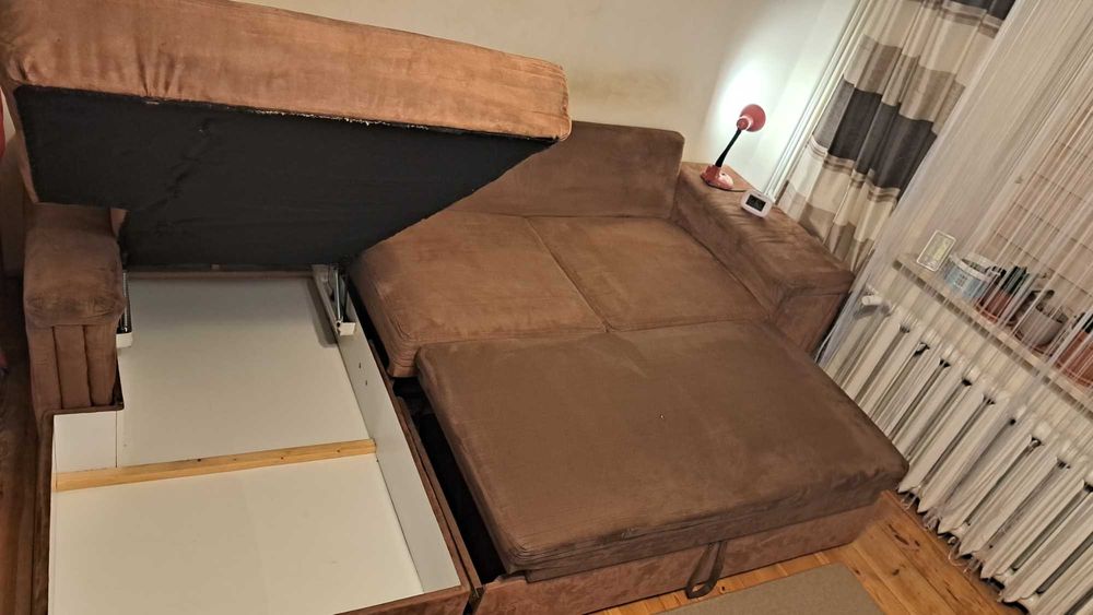 Kanapa narożna z funkcją spania, łóżko duże, sofa z barkiem wysuwanym