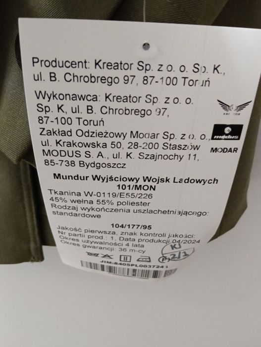 Mundur wyjściowy Wojsk Lądowych - Nowy 104/177/95