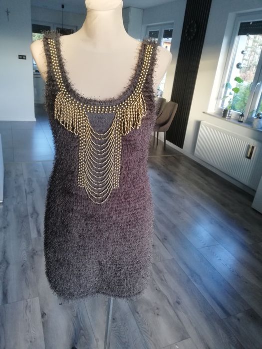 R. 38 sweterkowa szara sukienka łańcuszki