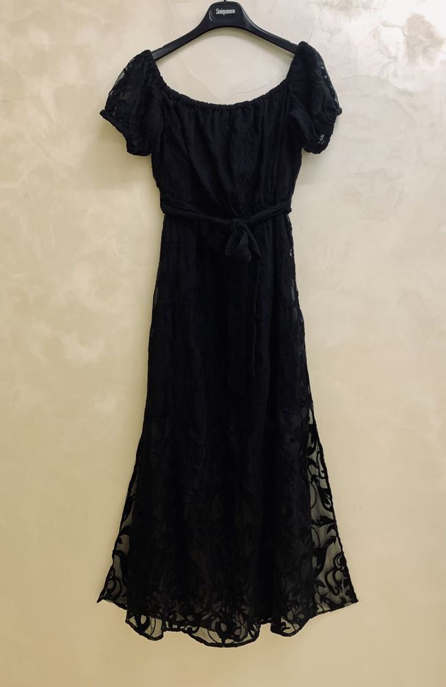 Сукня чорна Bardot довга в квіти літня миди платье под пояс летнее S