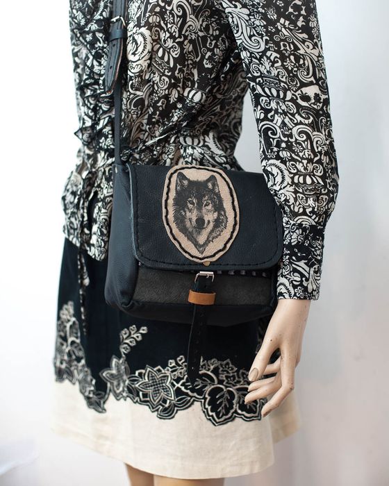 torebka unikatowa z wilkiem vintage handmade