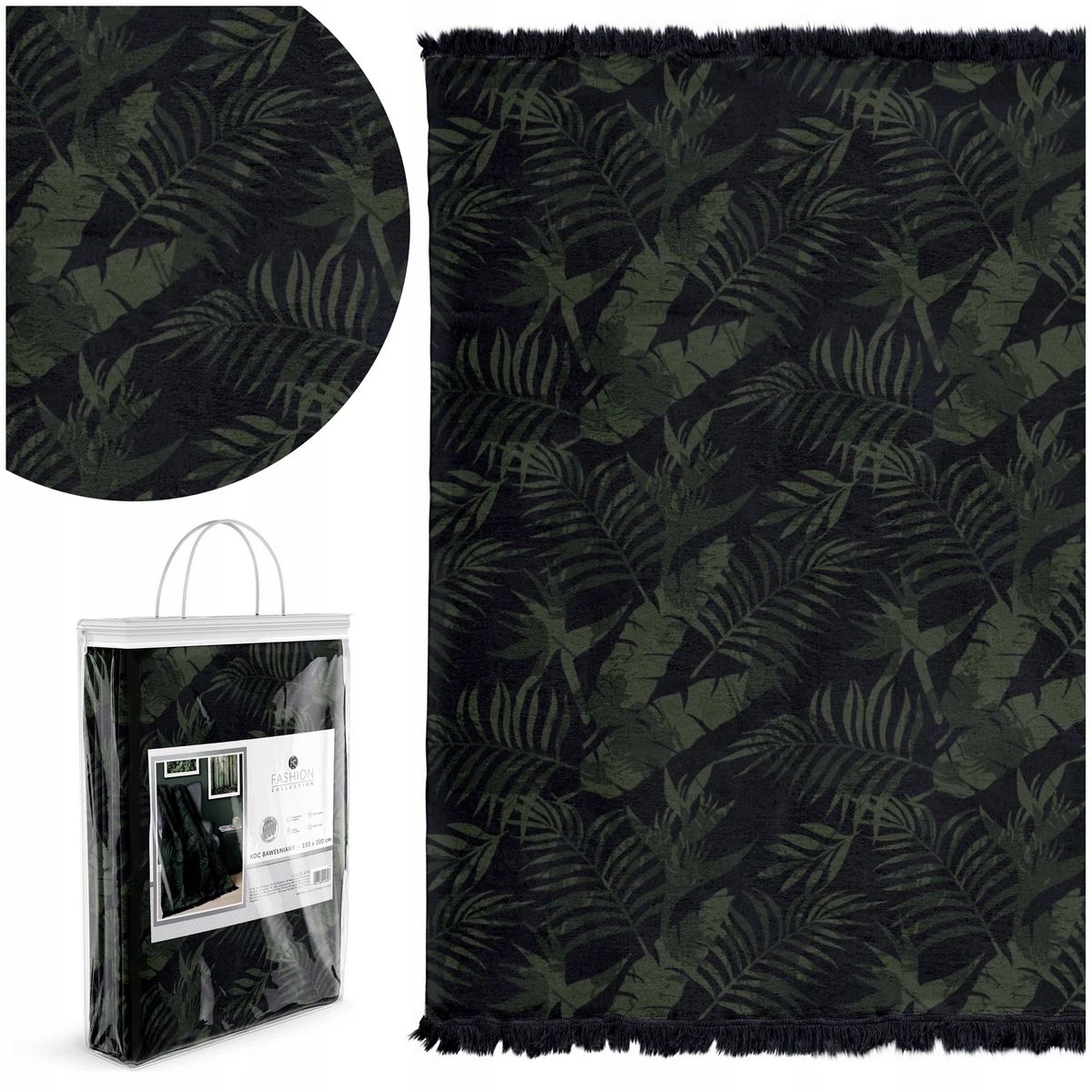 Koc bawełniany akrylowy 150x200 czarny zielony liście palmy z frędzlam