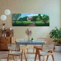 Obraz akrylowy na płótnie, wiejski pejzaż, 120x40 cm