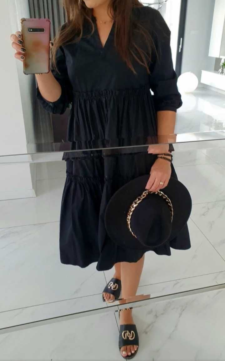 Reserved czarna dluga maxi midi sukienka boho falbany bawelna M/L