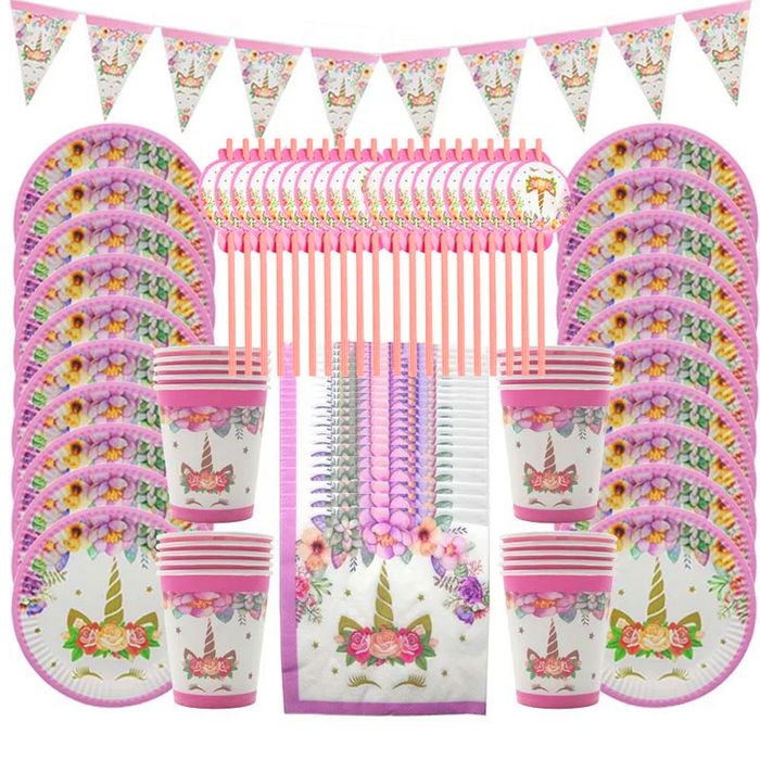 ZESTAW naczyń JEDNOROŻEC 2 Urodziny Kubki Talerze Serwety Słomki 81szt