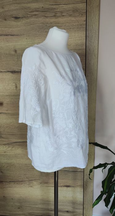 Lniana bluzka z krótkim rękawem haft róże Zara S