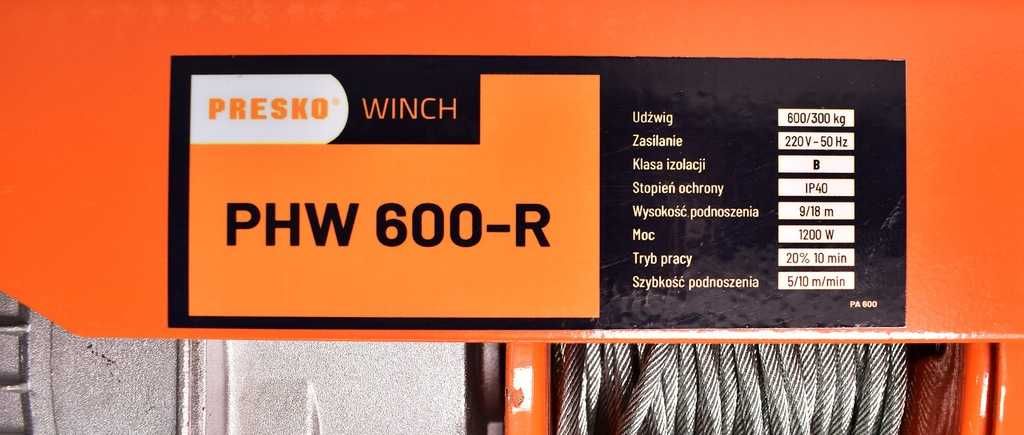 Wciągarka 600kg lina 18m sterowanie bezprzewodowe