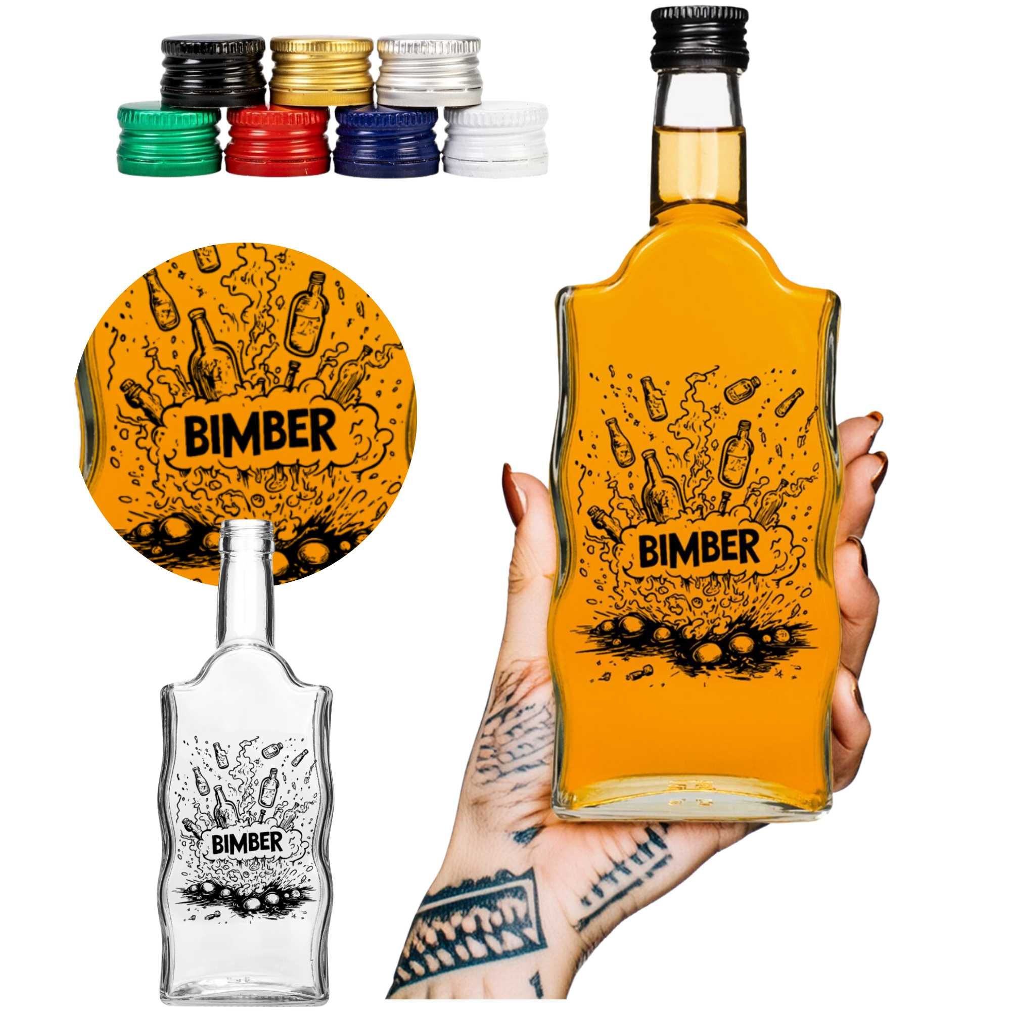 10x Butelka Warta 500 ml z nadrukiem Bombowy Bimber + zakrętki– bimber
