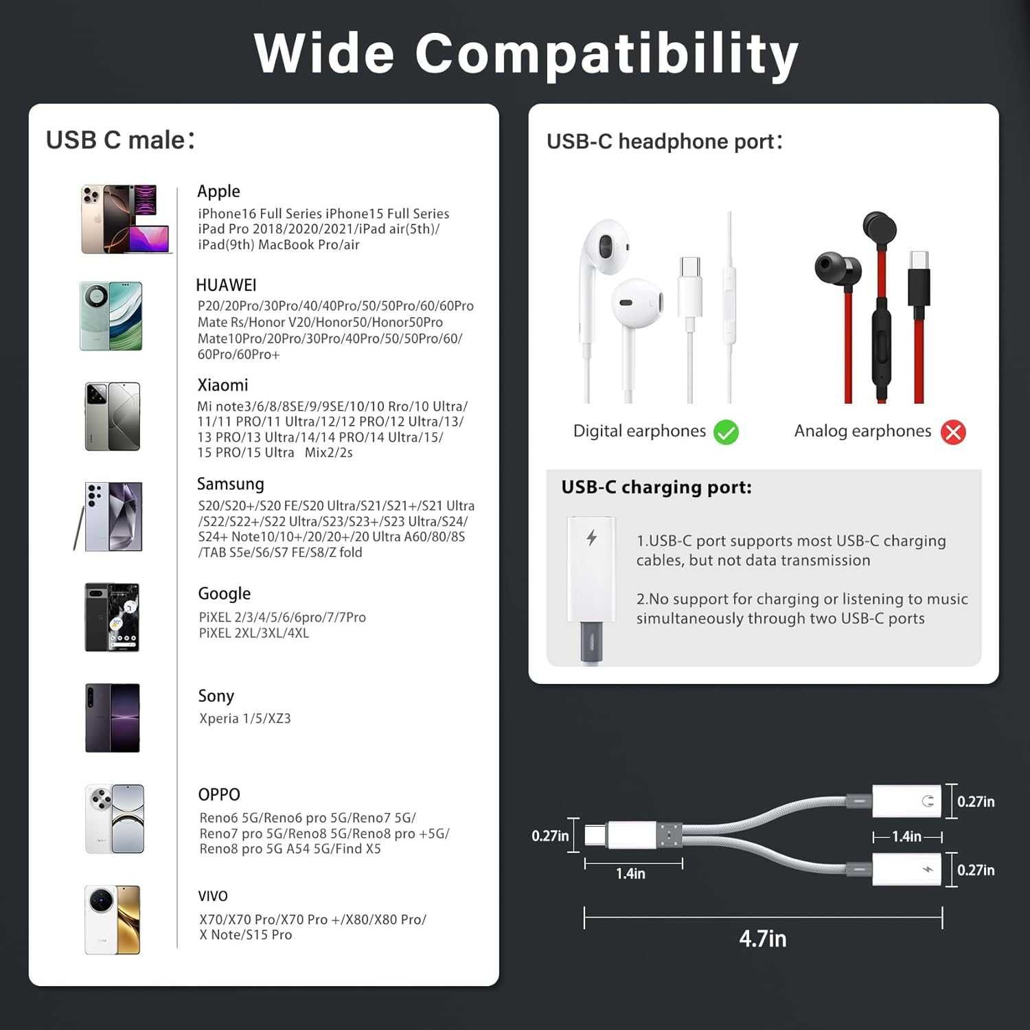 Podwójny adapter USB-C 2 w 1 rozdzielacz słuchawkowy USB-C i ładowarka