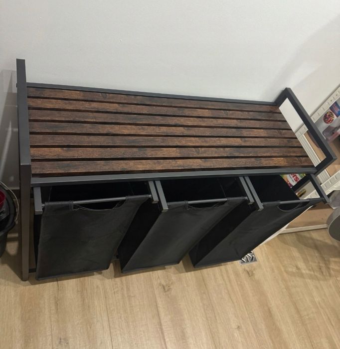 Kosz na pranie 3 przegródki 3x38L z półką – vintage, wolnostojący