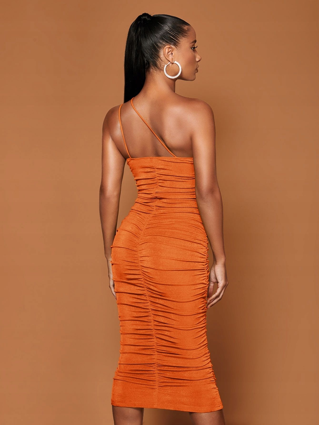 Sukienka Sexy Marszczona Ołówkowa Na Jedno Ramię Pomarańczowa Shein M