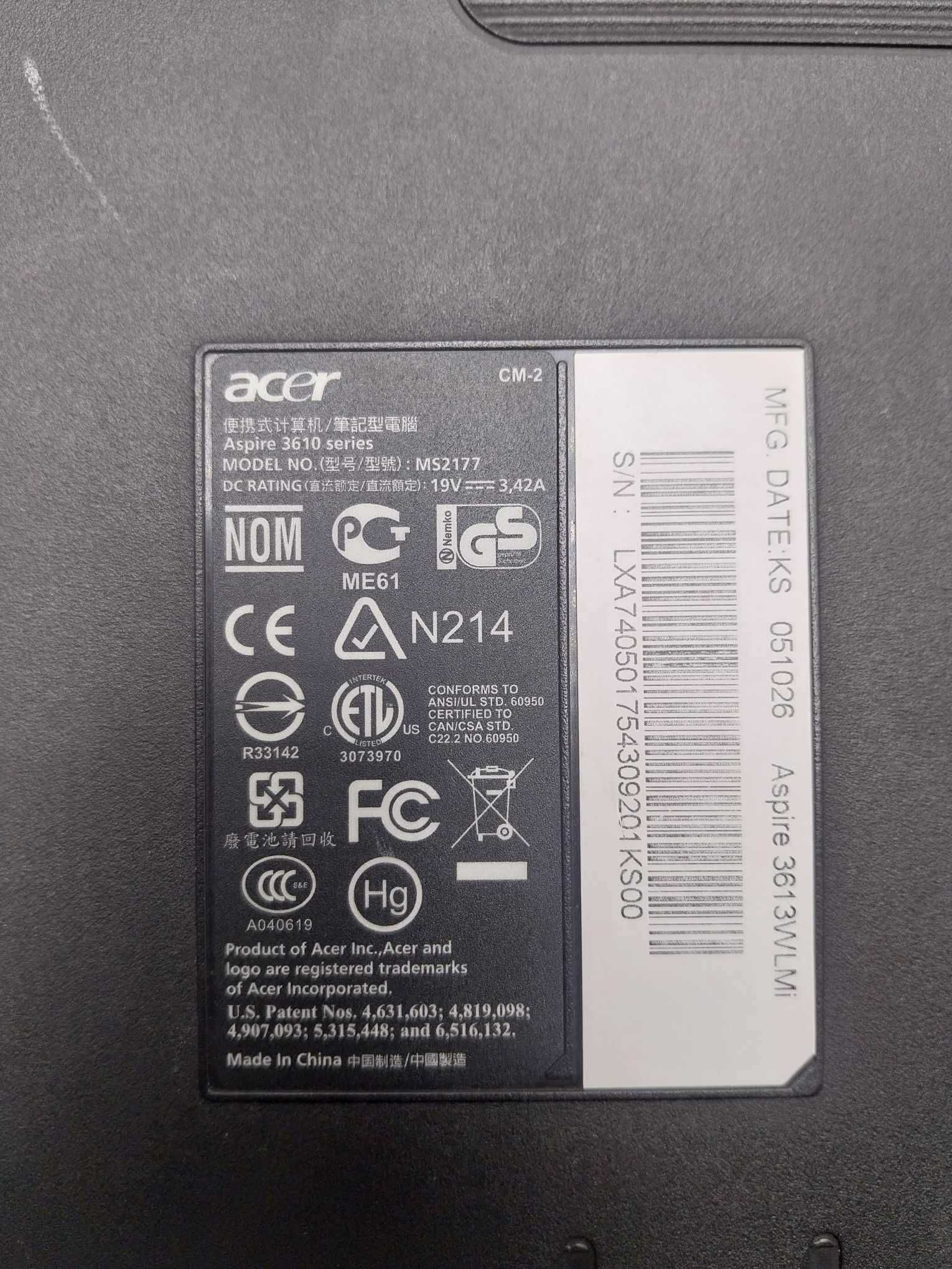 Laptop ACER aspire 3610 series  model MS 2177