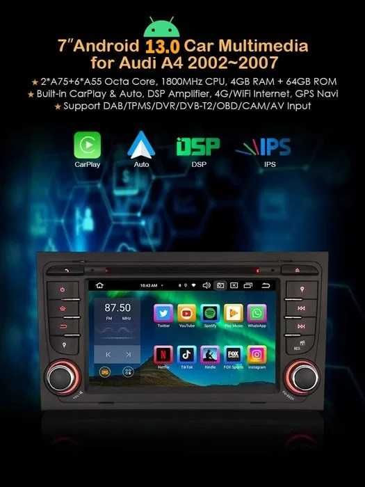 Auto radio Audi A4 Android 13 2 din radio/dvd/cd/usb/sd/gps/bluethoo