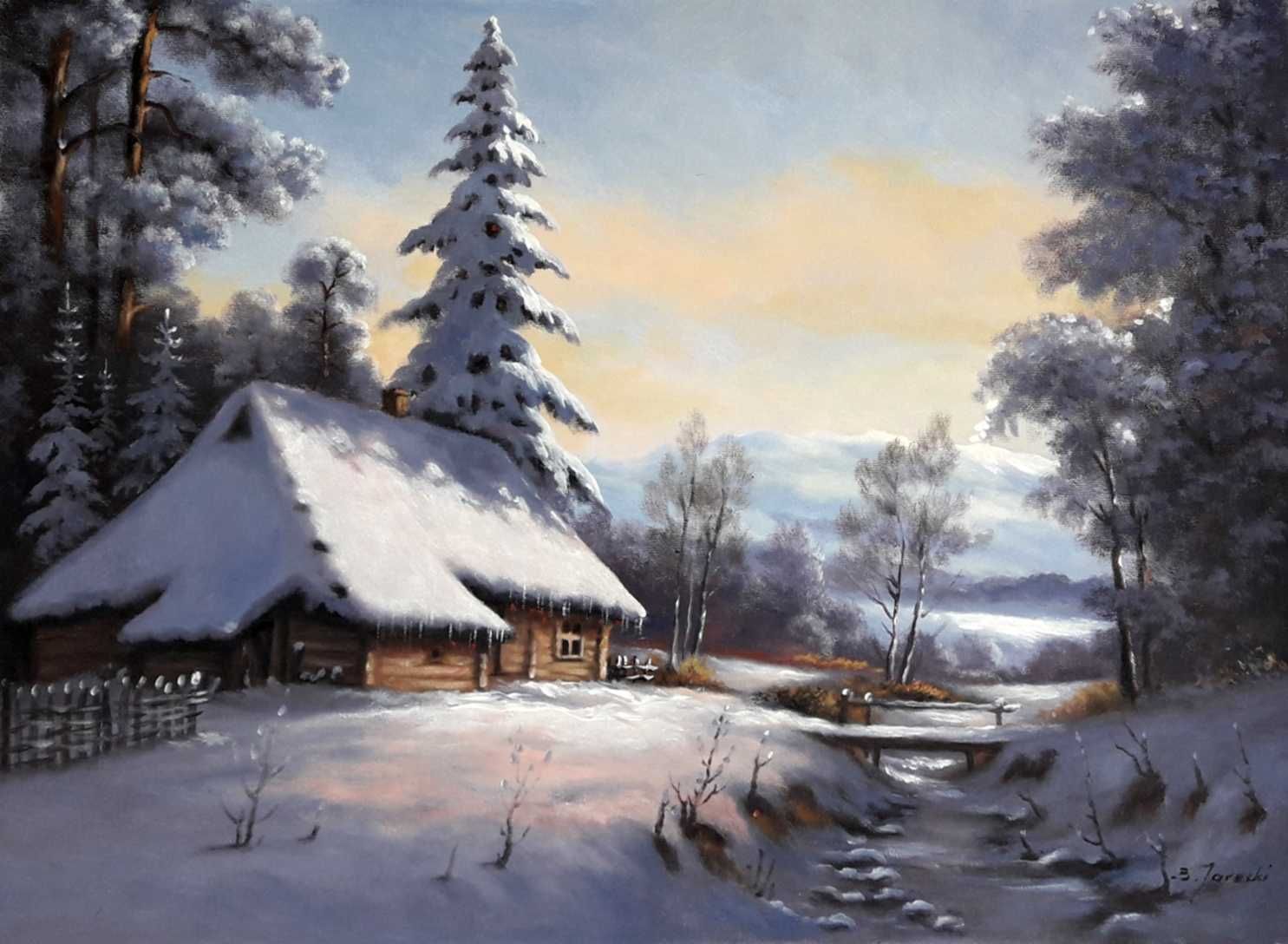 Obraz olejny na płótnie "Chatka w zimie" 70x50 cm