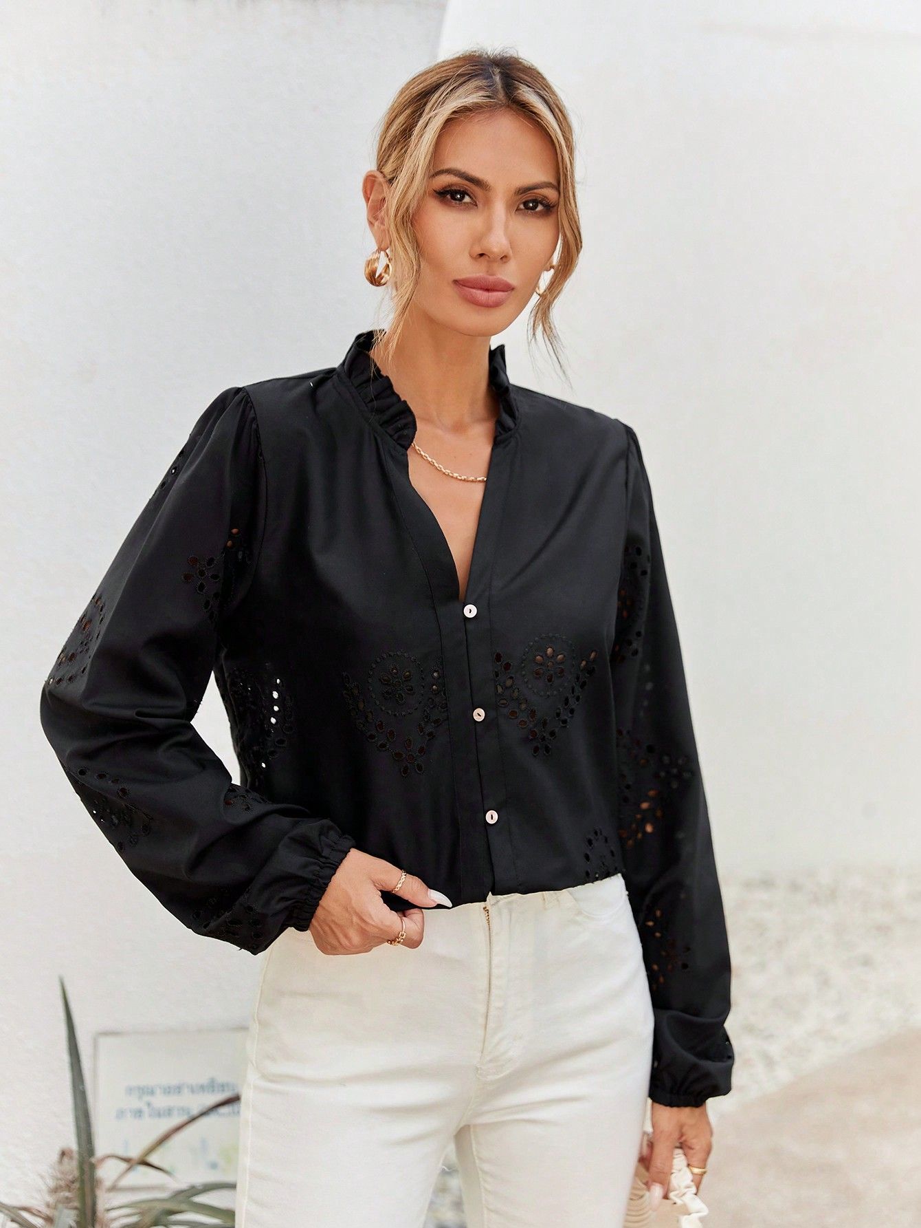 Koszula Ażurowa Z Bufiastymi Rękawami Czarna Casual Shein Xs 34