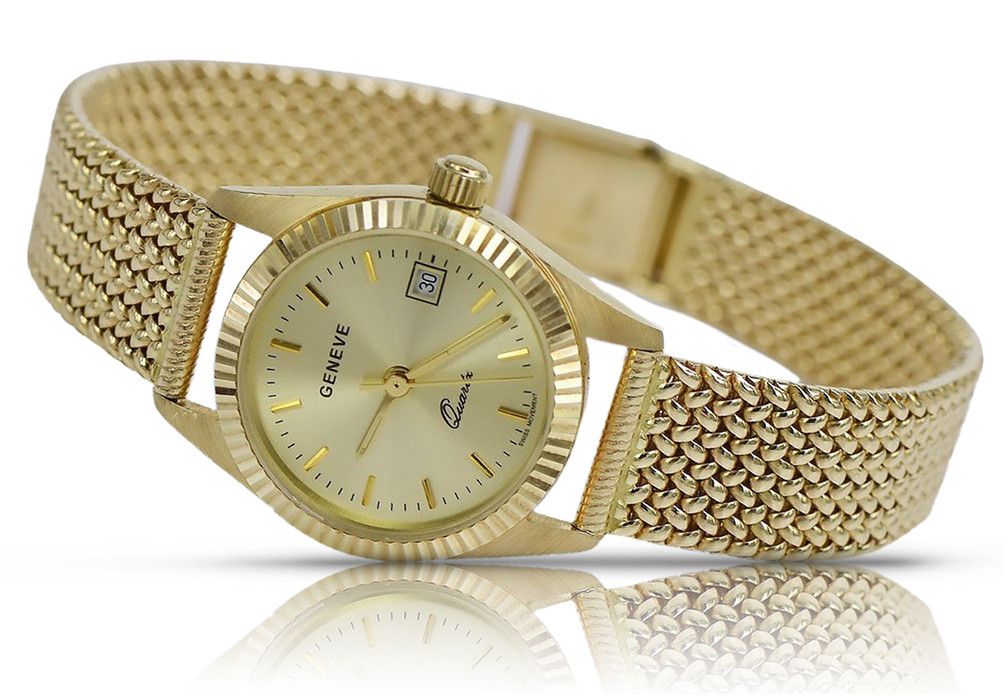 Złoty zegarek damski 14k 585 z bransoletą Geneve lw020ydy&lbw003y Wawa