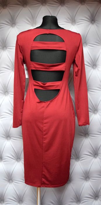 Sukienka midi czerwone wino paski na plecach długi rekaw