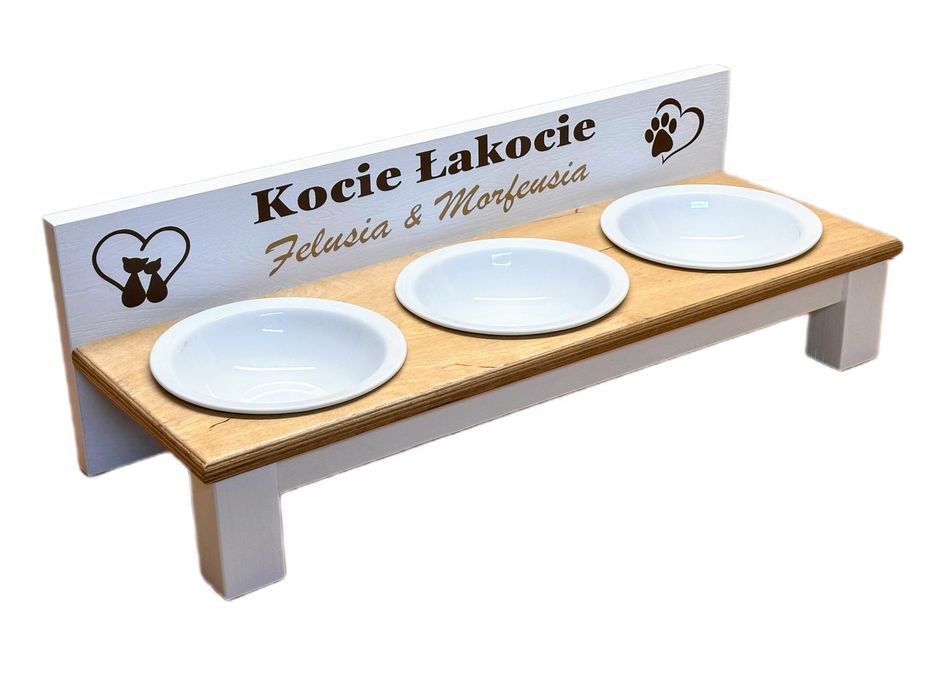 3 Miski ceramiczne dla kotów na stojaku + Twój nadruk - Biały + BUK