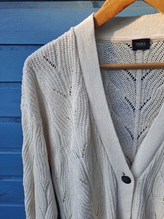 Kardigan sweter C&A kremowy M L XL 42 bawełna ażurowy