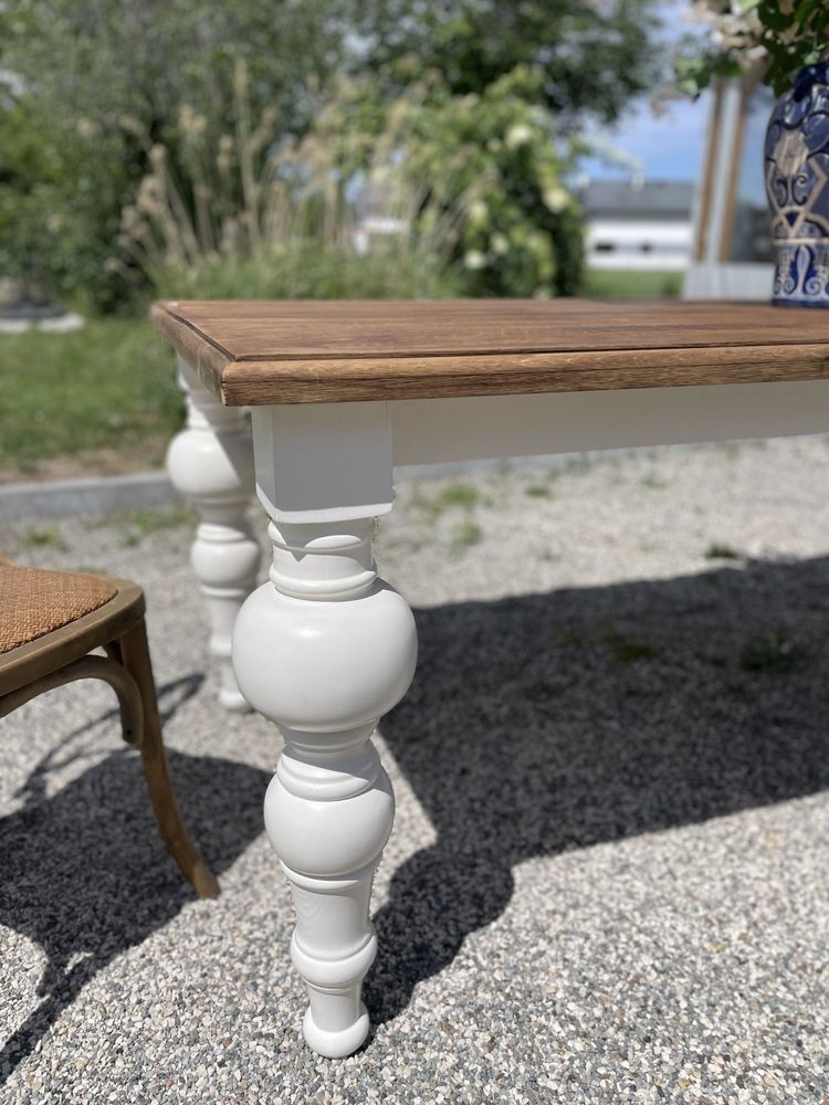 Stół drewniany DĘBOWY prowansalski retro vintage toczone nogi BIAŁY