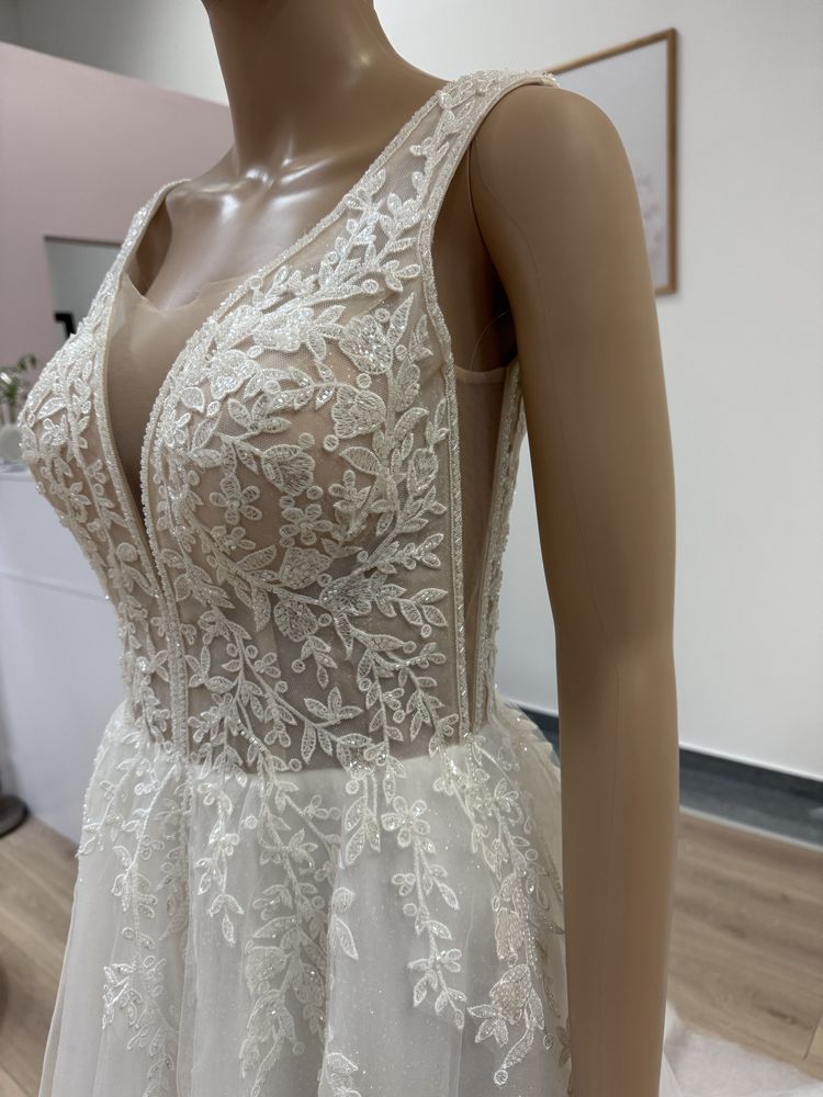 Nowa suknia ślubna na szerokich ramiączkach z koronką brokat tiulowa36
