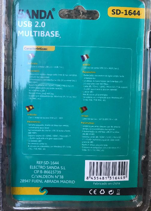 Hub USB 2.0 com 4 portas e leitor de cartões (Micro SD / SD / etc)