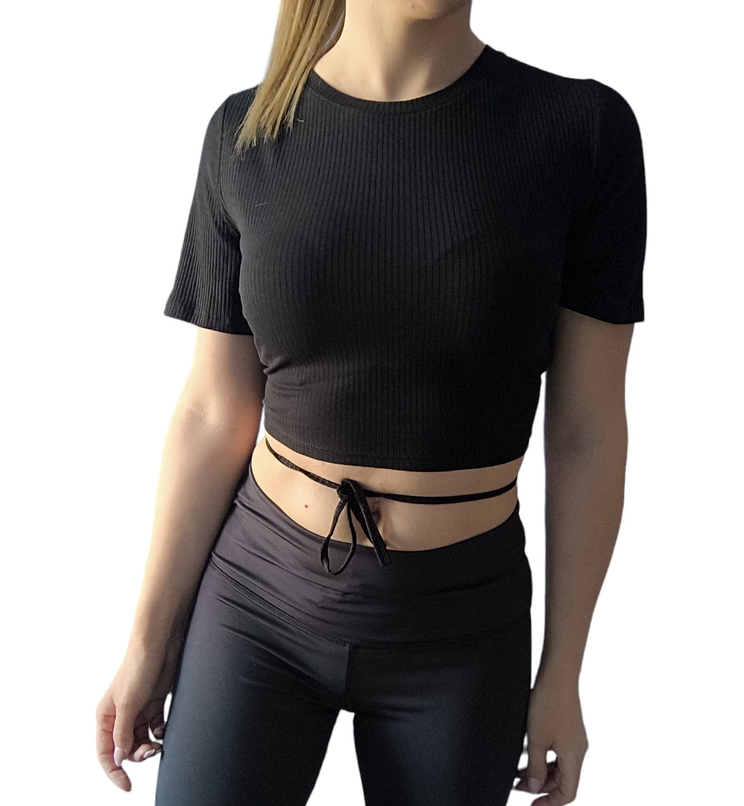 MONKI - nowy crop top prążkowany czarny, odkryte plecy, lato