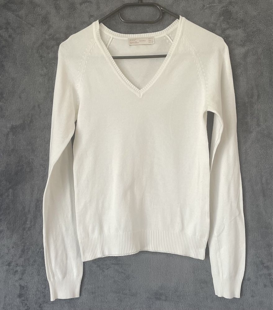 Zara biały sweter damski cienki w szpic długi rękaw, bawełna Xs / S