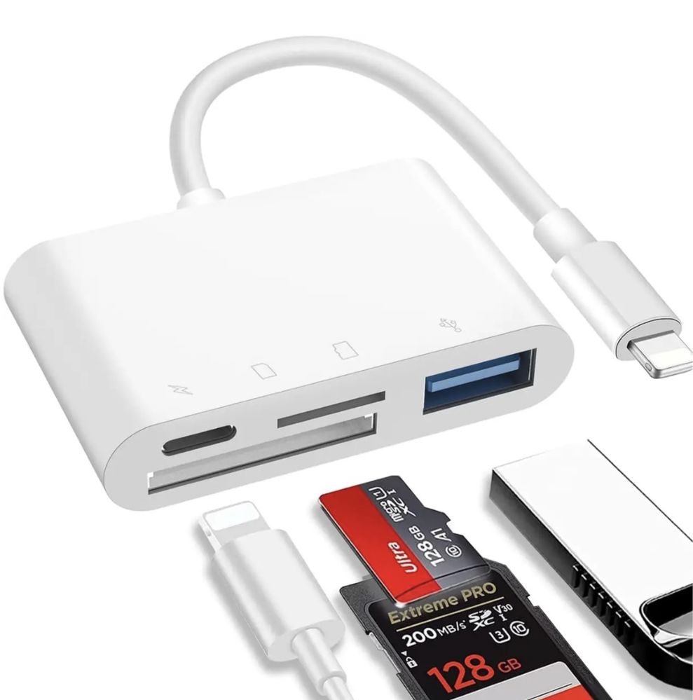 Картридер адаптер айфон 4 в 1, USB-A/SD/TF/Lightning, otg переходник