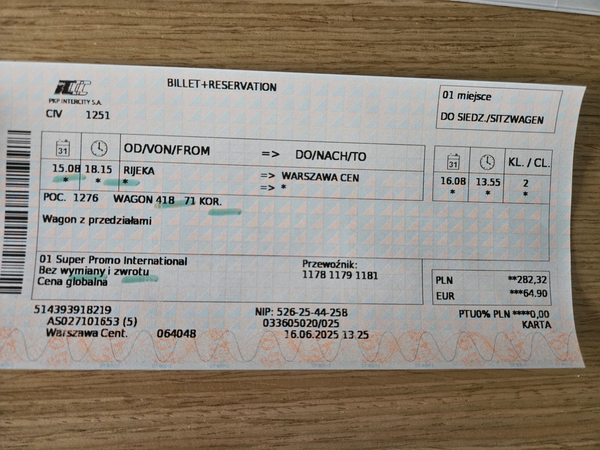 Bilet PKP z Chorwacji do Warszawy