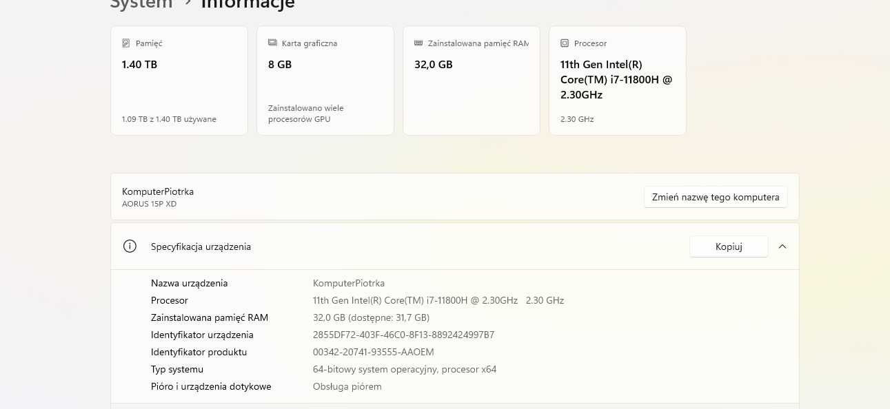 Laptop gamingowy Gigabyte Aorus 15p rtx 3070, i7 11800h 32GB ram Win11