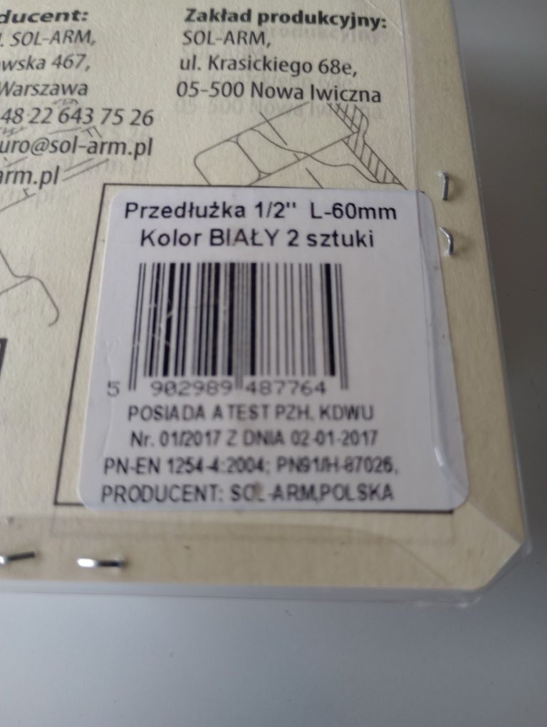 2x Przedłużka 1/2" mosiężna biała 60mm