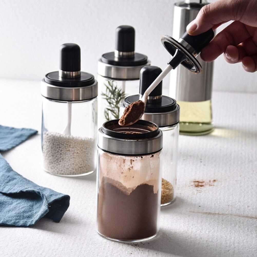 SZKLANY POJEMNIK na Przyprawy Cukier Sól SŁOIK 225 ml. z ŁYŻECZKĄ