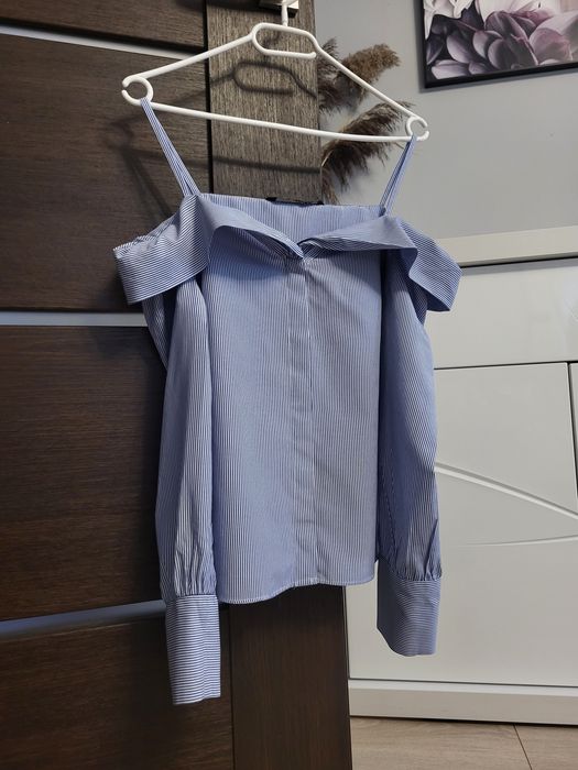Błękitna bluzka w paski off shoulder scandi cotton Zara rozmiar S