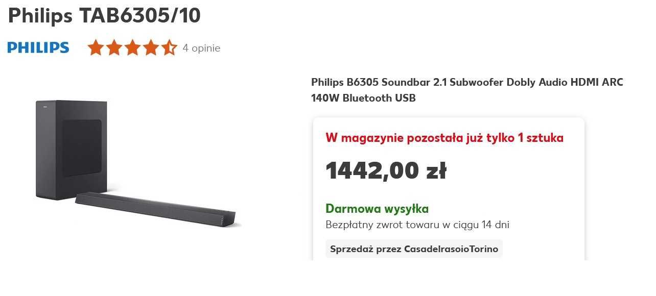 Soundbar 2.1 Philips B6305 Subwoofer Bluetooth Dobly A HDMI ARC 140W !