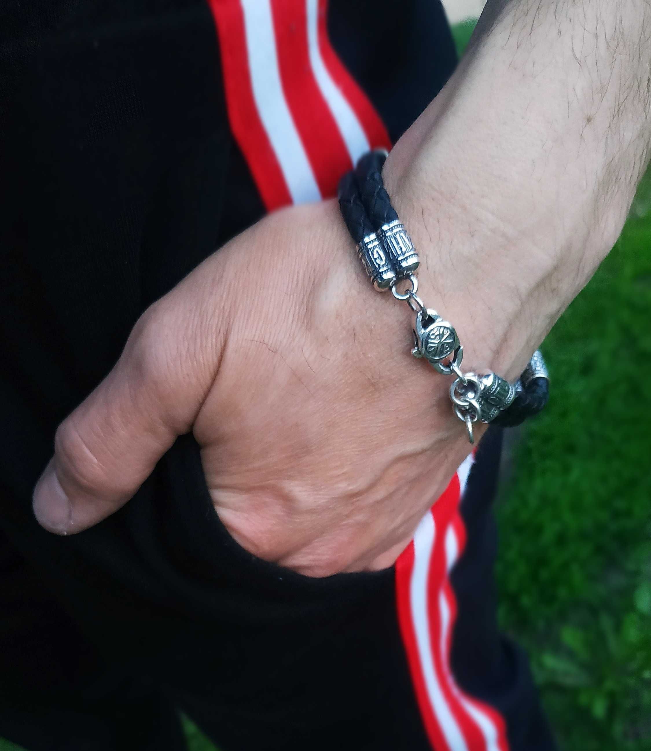 Мужской Браслет серебряный браслет кожаный с молитвой "Отче наш"