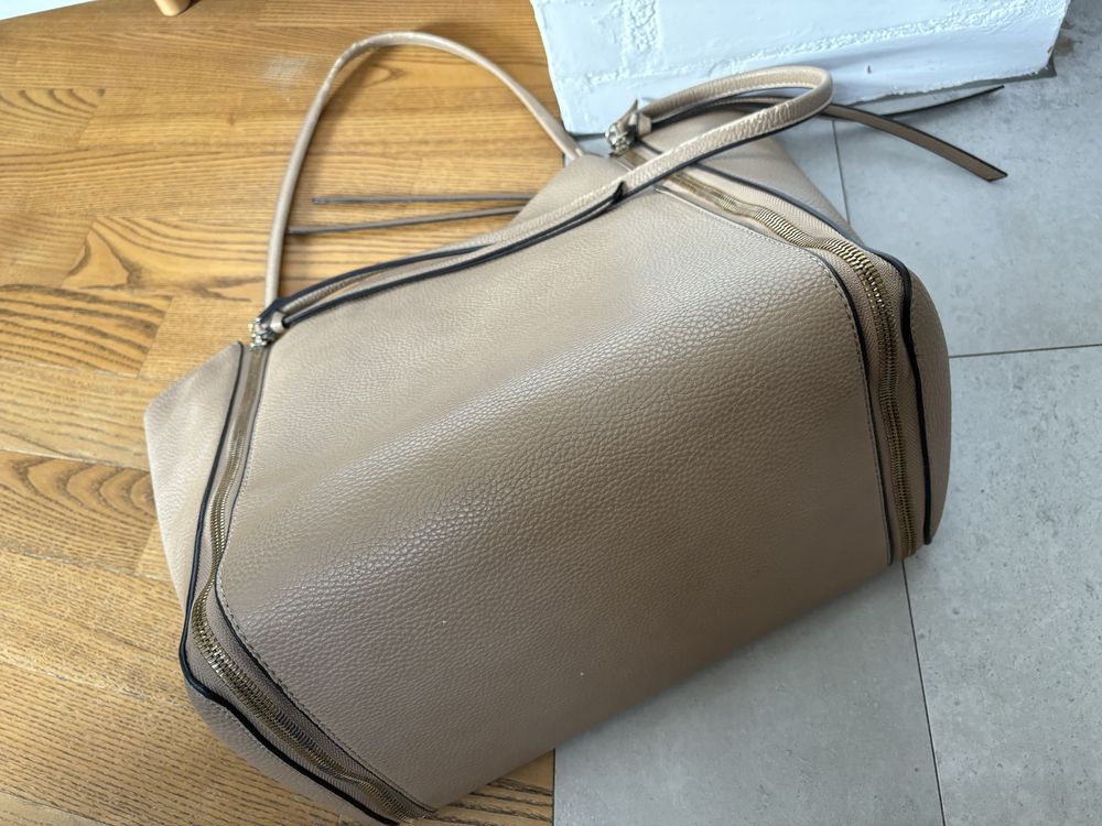 ZARA torebka shopper beżowa złote suwaki torba nude shopperka