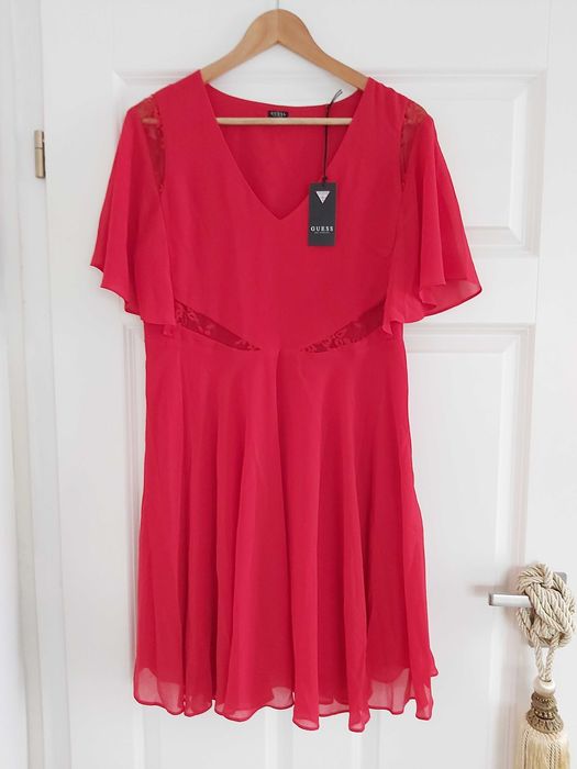 Nowa damska sukienka GUESS czerwona szyfon L koronka