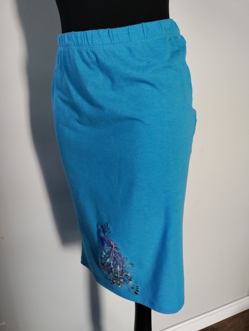 Sinsay - jerseyowa niebieska spódnica z pawiem M 38