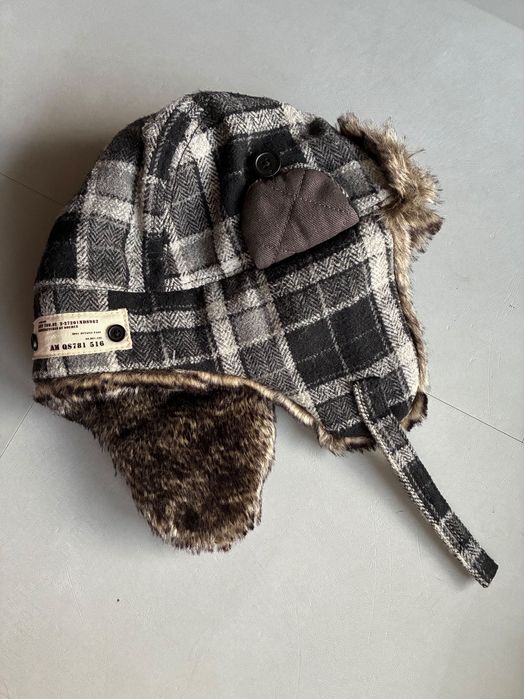 NEXT czapka uszatka futerko kratka tweed rozm M
