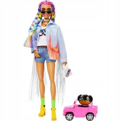 Barbie Extra Lalka tęczowe Warkoczyki + piesek Autko Akcesoria