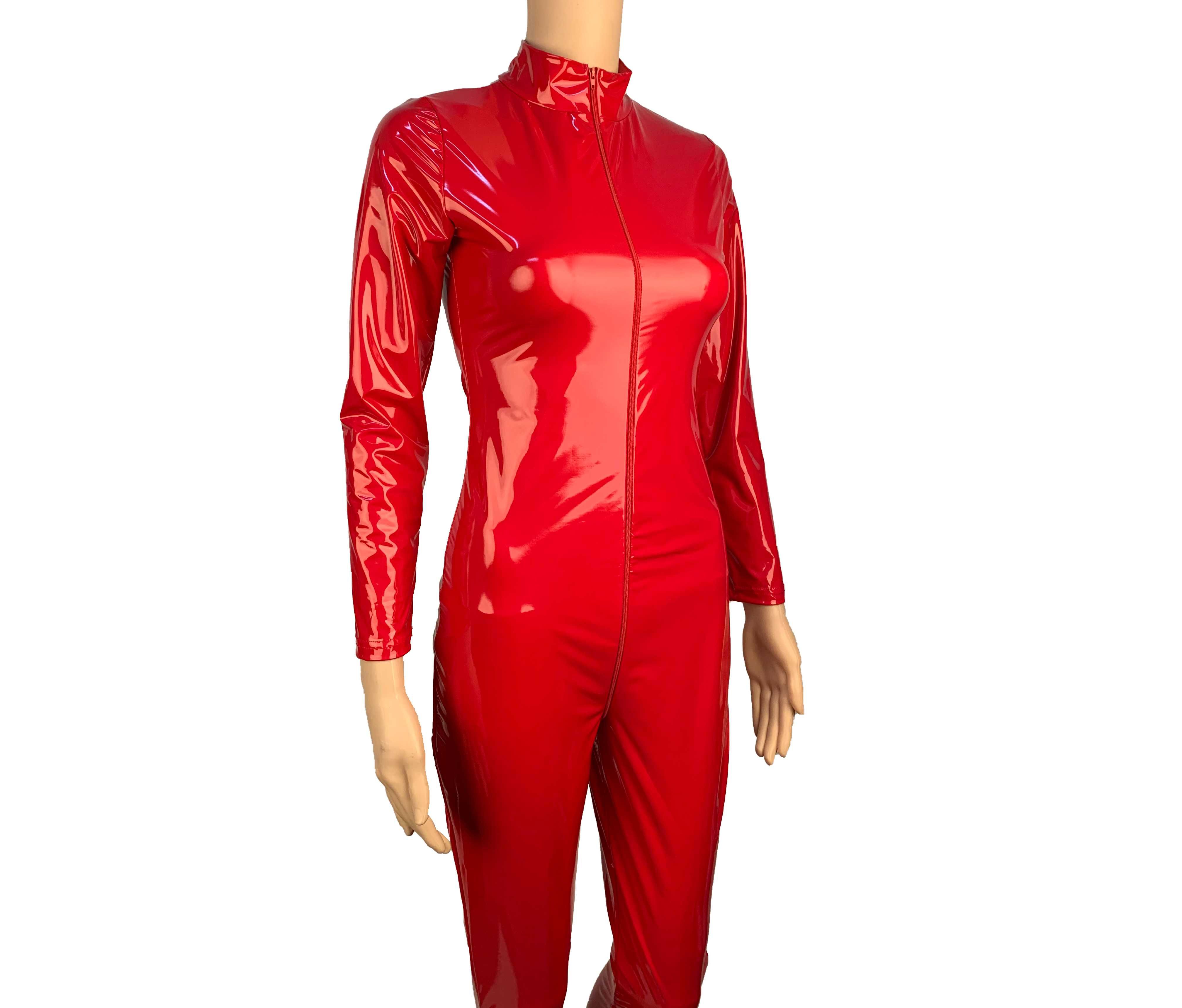 Kombinezon przebranie sylwester catsuit winyl latex czerwony z zamkami