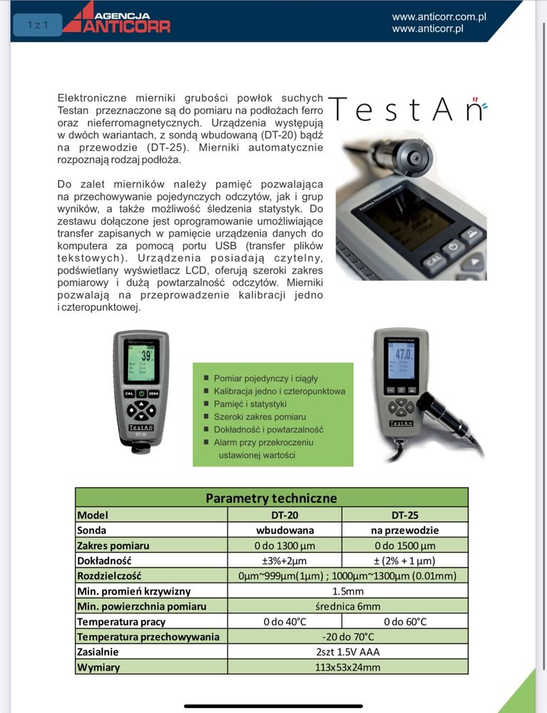 Miernik czujnik grubości powłok TestAn DT-20 AN 120 157