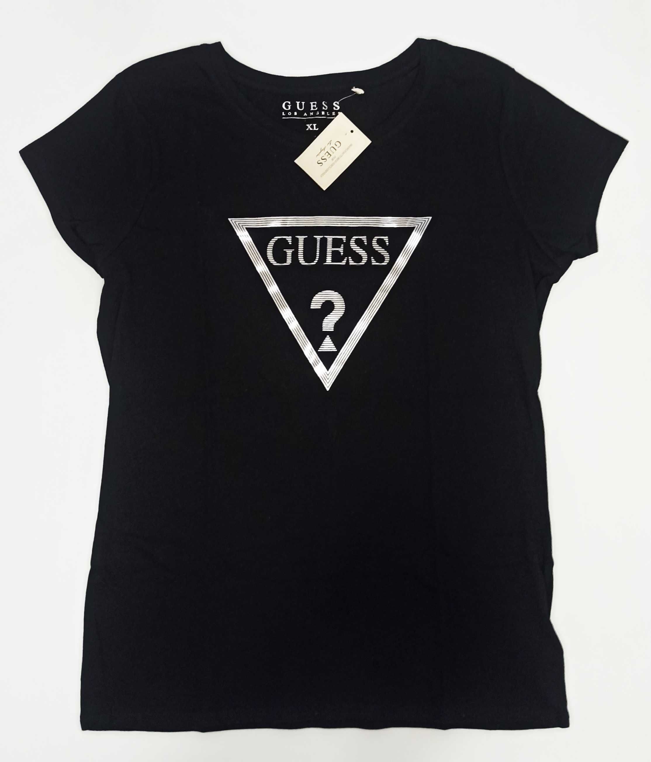 GUESS Oryginalny Damski T-Shirt Koszulka Bluzka Czarna Srebrny Trojkat