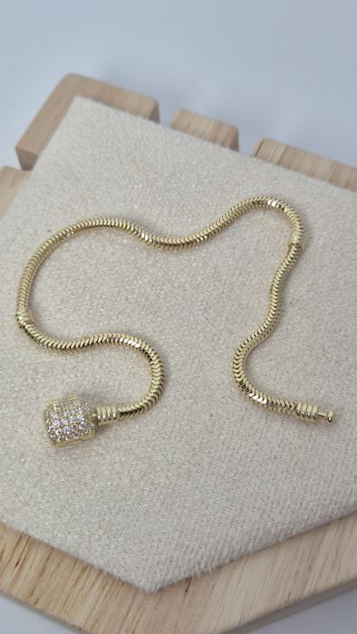 Nowa złota bransoletka typu Pandora 19,5 cm beczka białe cyrkonie 585