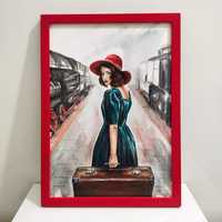 Картина А4 Дівчина в червоній шляпі/залізниця/ретро/вінтаж