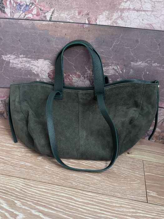 DUŻY shopper zapinany na zamek skóra naturalna zamszowa Made In Italy