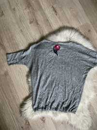 Sweter rękaw 3/4 ewita M szary różowy haft ściągacz.